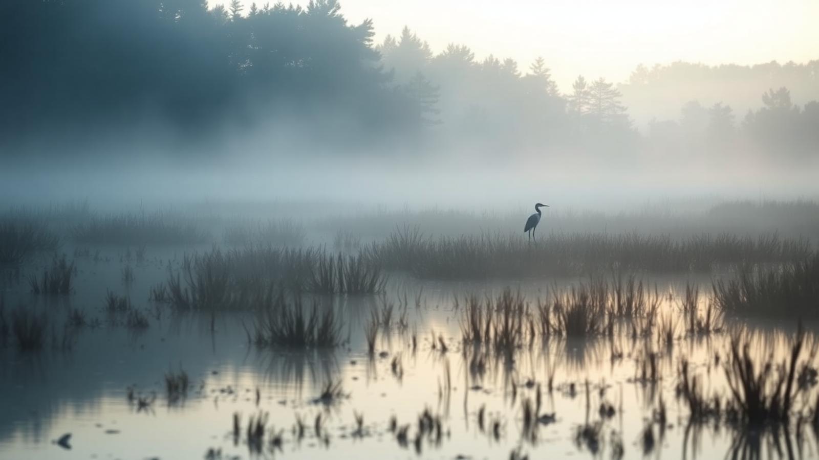 Misty wetland at dawn with a heron silhouette