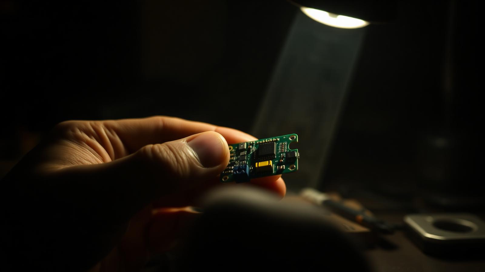 Hands assembling a small sensor circuit board in a workshop