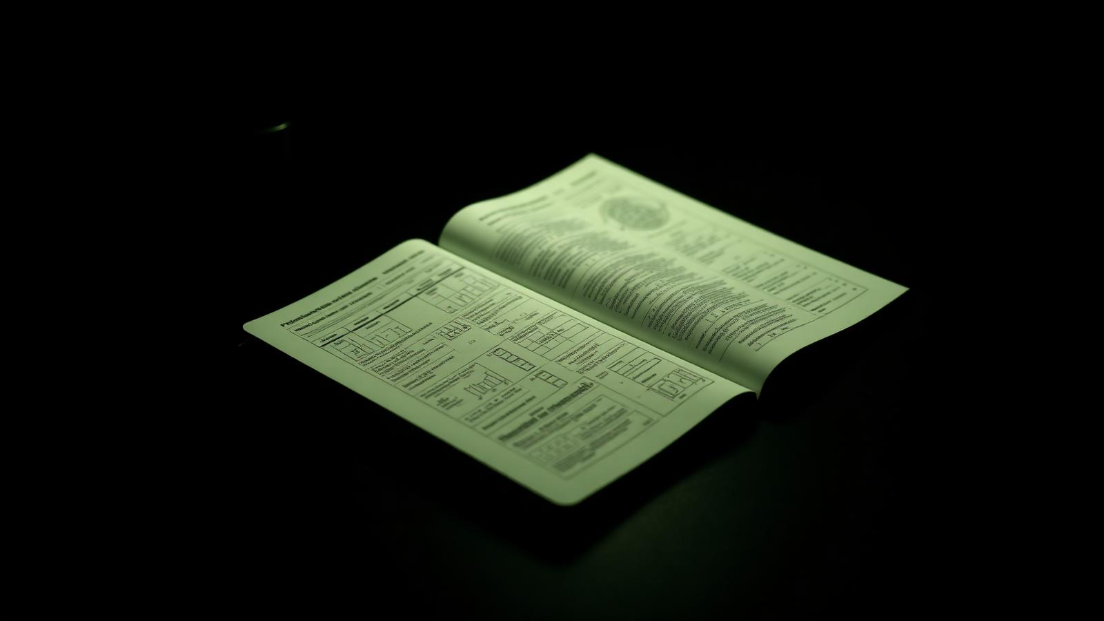 Open technical notebook and schematic sheets lit in dim green light