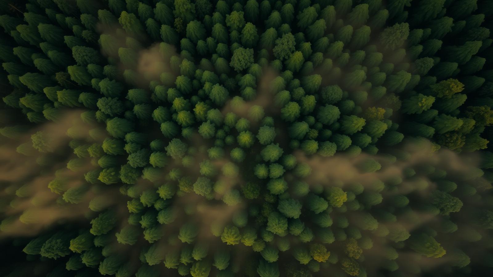 Aerial view of a misty forest canopy
