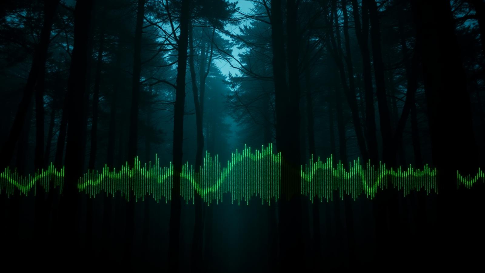 Dark forest with glowing audio waveform visualization