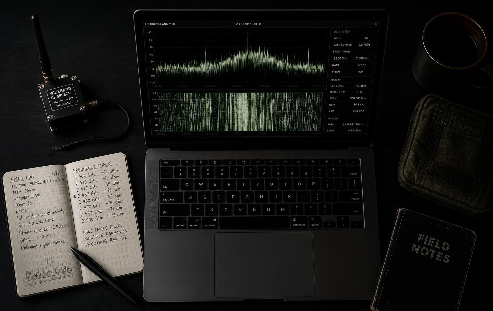 Laptop displaying an audio spectrogram beside a field notebook and sensor