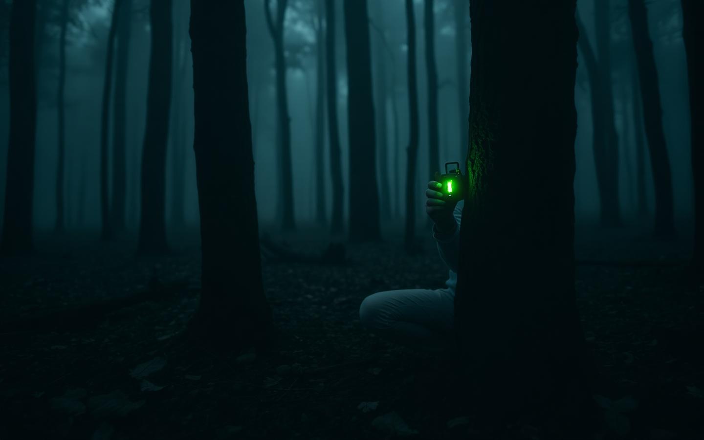 Researcher placing a small green-lit sensor node on a tree in a dark misty forest