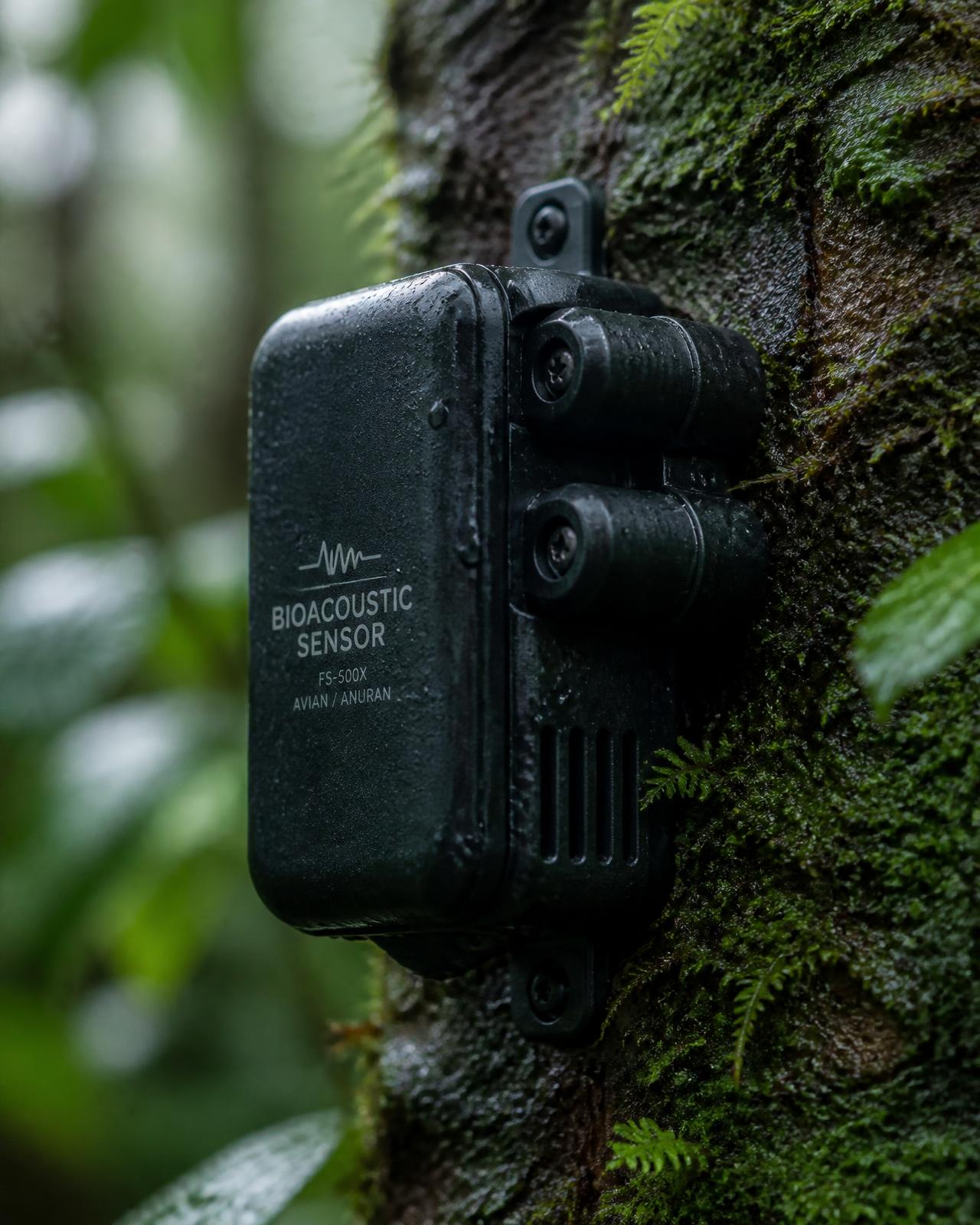 Weatherproof bioacoustic sensor mounted on a mossy tree trunk